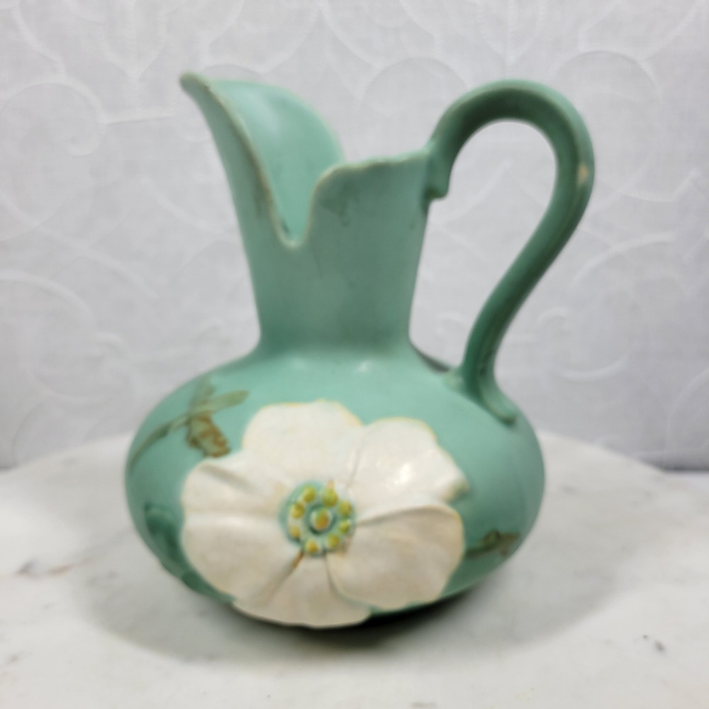 Vintage 1930s Weller Pottery Dogwood Pitcher Vase Aqua Blue Floral Art Deco - Picture 4 of 16